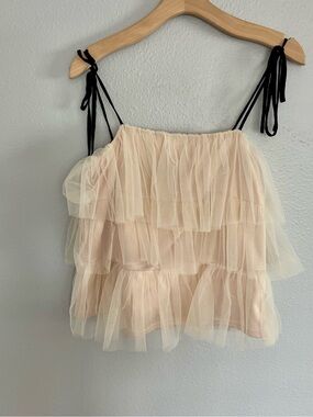 Anthropologie Blush Tiered Tulle Cami with Black Tie Straps